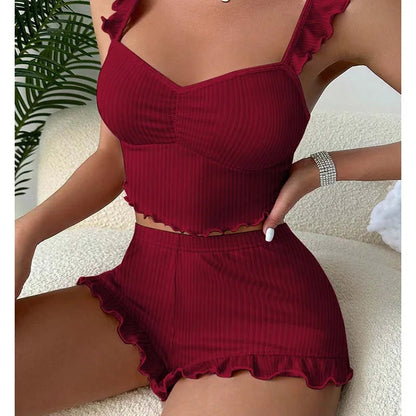 Women's Two-Piece Pajamas Set Summer Sexy Solid Ruffles Camisole And Shorts Pyjamas Set Sleepwear Good Vibrations