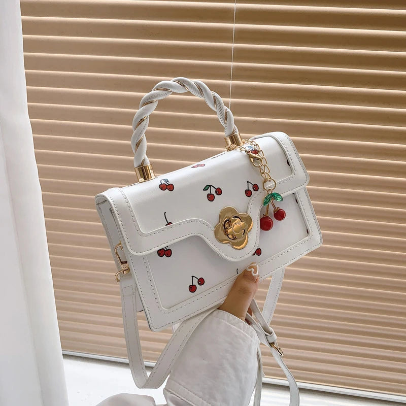 Sweet Crossbody Bag Fashion Cherry Print Top-Handle Ladies Luxury Square Shoulder Bag Women High Quality Sling Purse Good Vibrations
