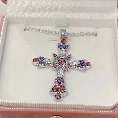 Подвеска Cross Necklace For Women Rhinestone Pendant Clavicle Chain Charm Party Jewelry Gifts Punk Pink Purple Zircon Gothic Good Vibrations
