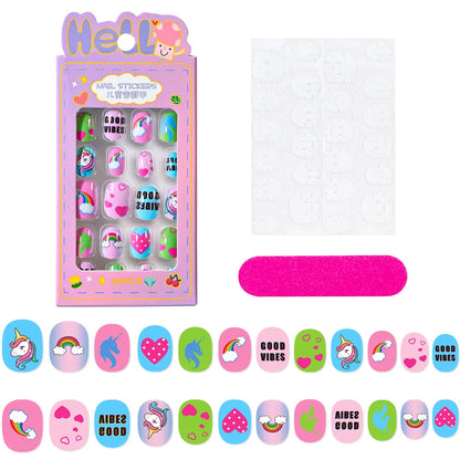 24Pcs/box Kids nails for Girl Cartoon Pattern False Nail Cute Child Fake Nails Tips Kawaii Acrylic Artificial Press on Nail+Tool Good Vibrations