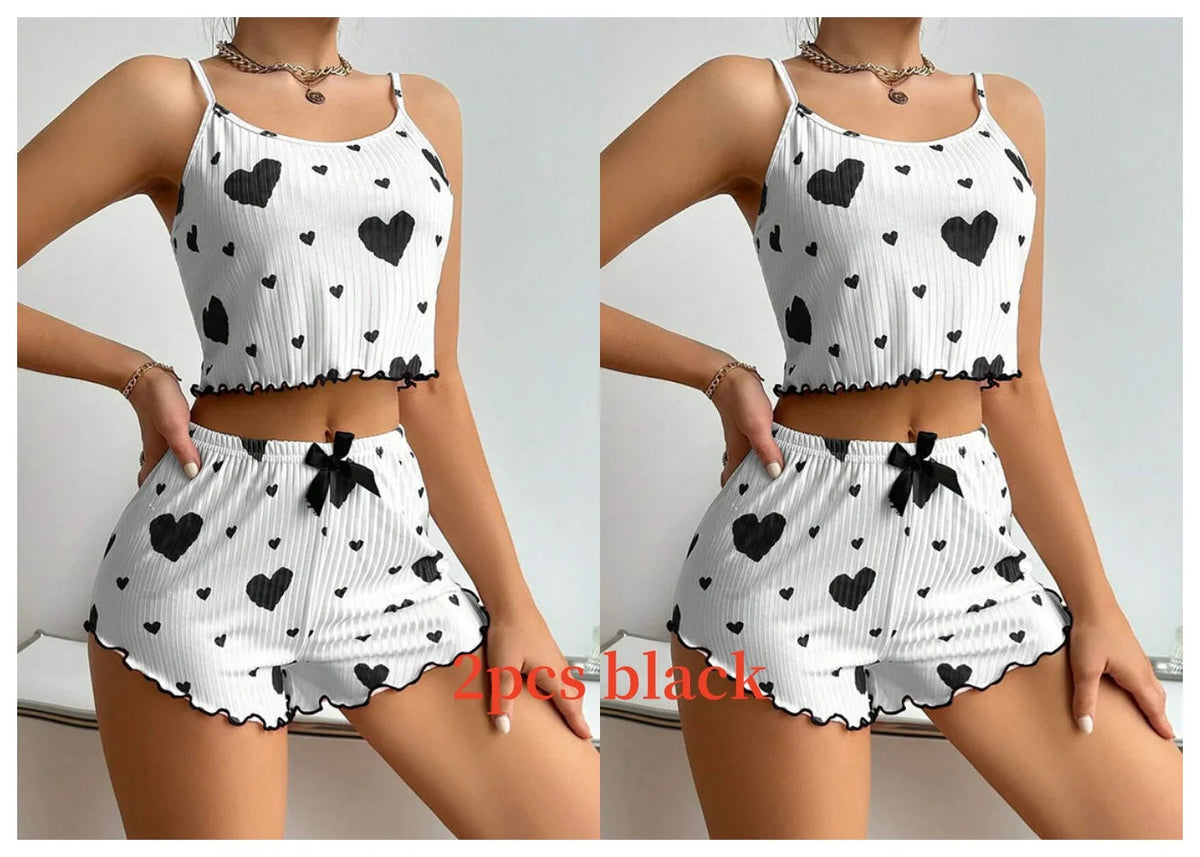 Women's Pajamas Set Sleepwear 2 PCS Short Tank Tops And Shorts S M L White Ventilate Soft Casual Love Printing Good Vibrations