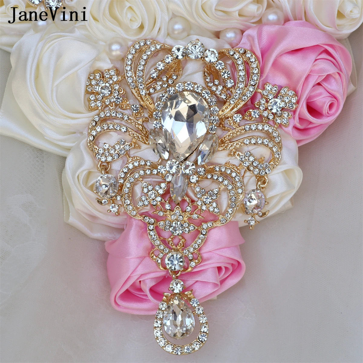 JaneVini Luxury Golden Rhinestones Pink Ivory Cascading Flowers Waterfall Bridal Bouquets Artificial Satin Roses Wedding Bouquet Good Vibrations