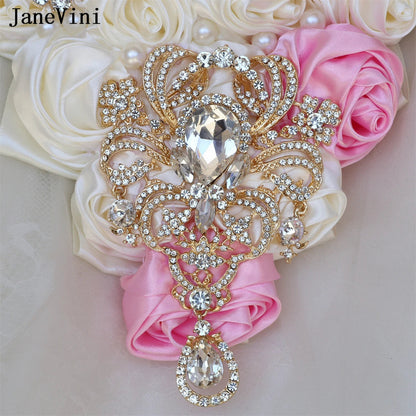 JaneVini Luxury Golden Rhinestones Pink Ivory Cascading Flowers Waterfall Bridal Bouquets Artificial Satin Roses Wedding Bouquet Good Vibrations