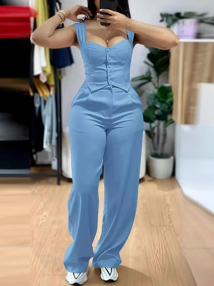 Chic Women Suit Y2k Sexy Two Piece Set Summer Sleeveless Slim Vest And Wide-leg Trouser Sets Elegant Solid Pants Women's Outfit Good Vibrations