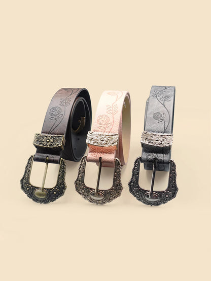 Western Style Printed Solid Color Pu Belt Buckle, Retro Casual Women's Belt, Classic Jeans Decorative Belt Good Vibrations