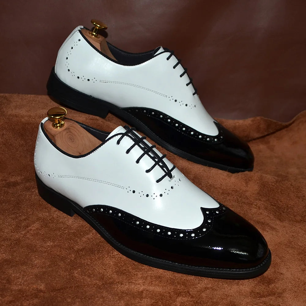 Formal Oxfords Shoes for Men White Black Real Cow Patent Leather Business Lace-up Wingtip Toe Brogue Wedding Mens Dress Shoes Good Vibrations