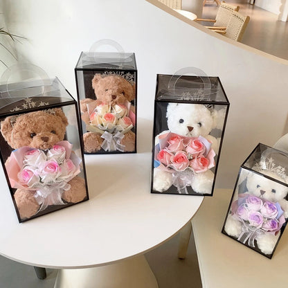 1PC Rose Flower Bouquet Plush Bear Gift Box Eternal Flower Bouquet Mother's Day Gifts Wedding Birthday Party Decor Accessories Good Vibrations