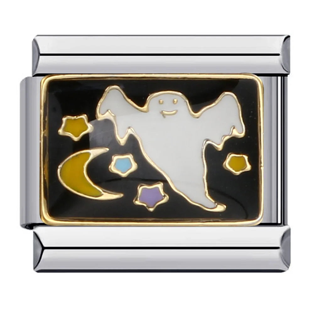 Goth Vintage Black Glaze Skull Raven Ghost Halloween Day's Charm Links Fit 9mm Bracelet Stainless Steel Making DIY Jewelry Good Vibrations