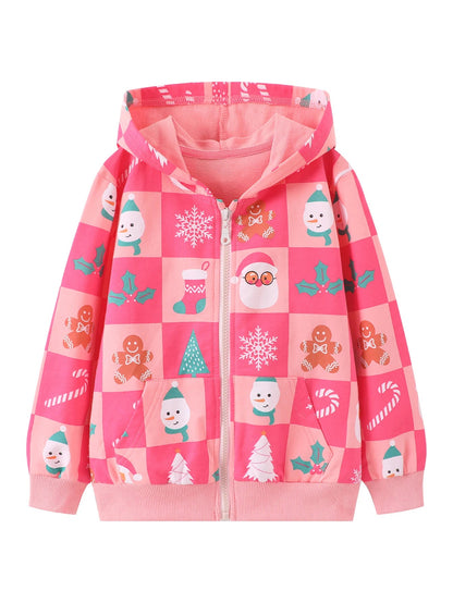 A long-sleeved hooded cardigan with cute Christmas prints for girls is perfect for outdoor casual wear, comfortable and fun Good Vibrations