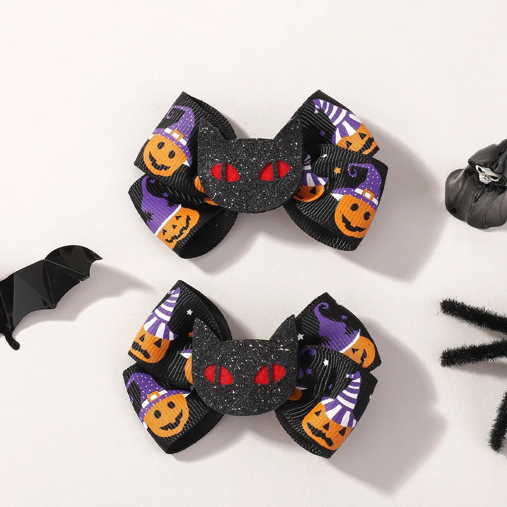 2Pcs Halloween Kids Hairpin Set Handmade Grosgrain Ribbon Bows DIY Pumpkin Spider Decoration Headwear Hair Accessories for Girls Good Vibrations