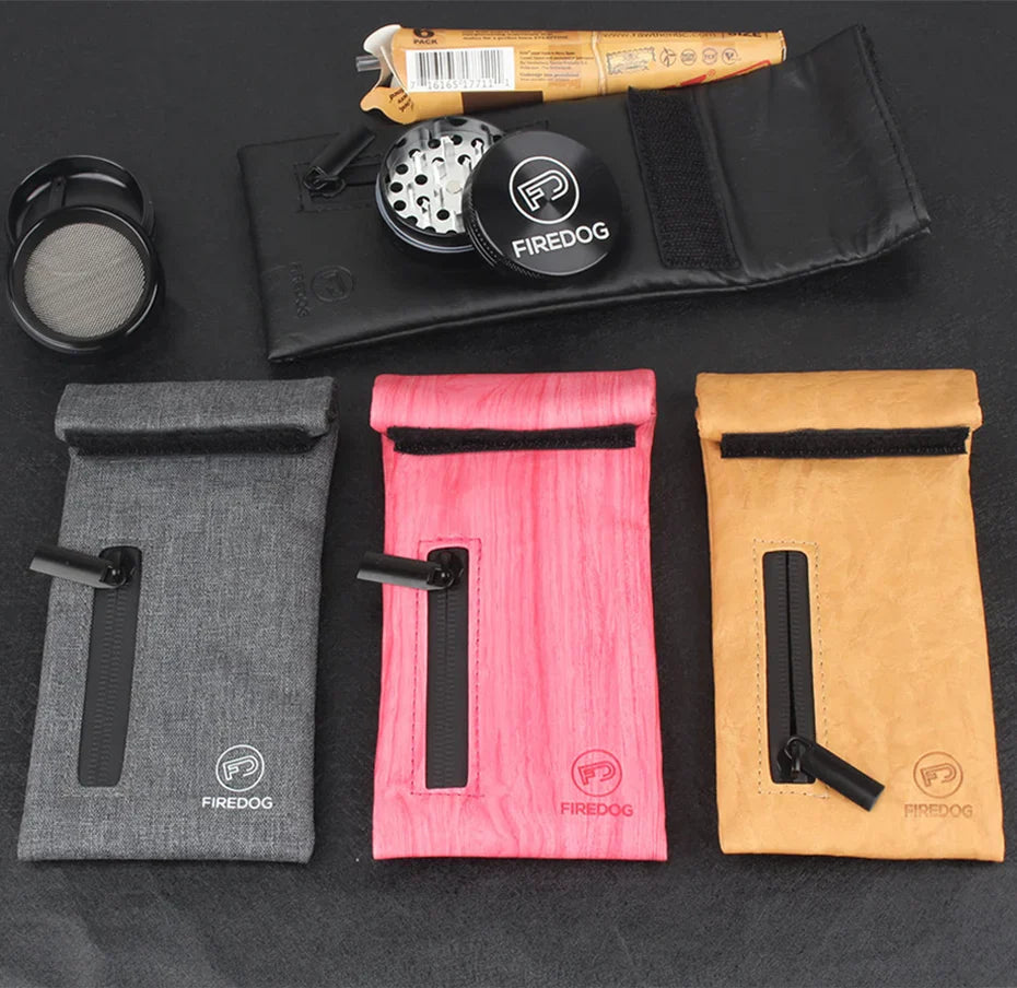FIREDOG Smoking Smell Proof Pouch, carbon lined PU leather with zipper, odor proof herb bag.