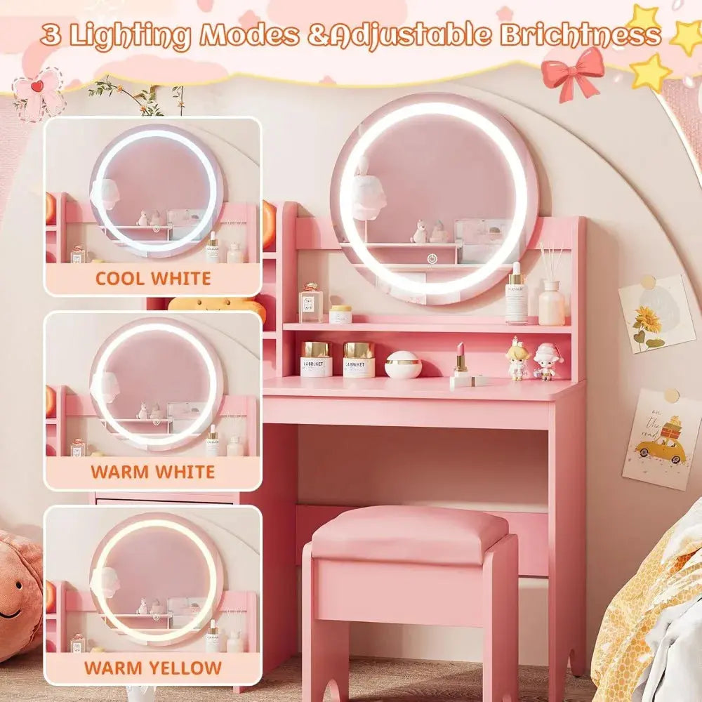 Kids Vanity with Lights, Princess Makeup Vanity Desk with Open Bookshelf, Storage Cabinet & Shelves, Toddler Vanity Tabl Good Vibrations