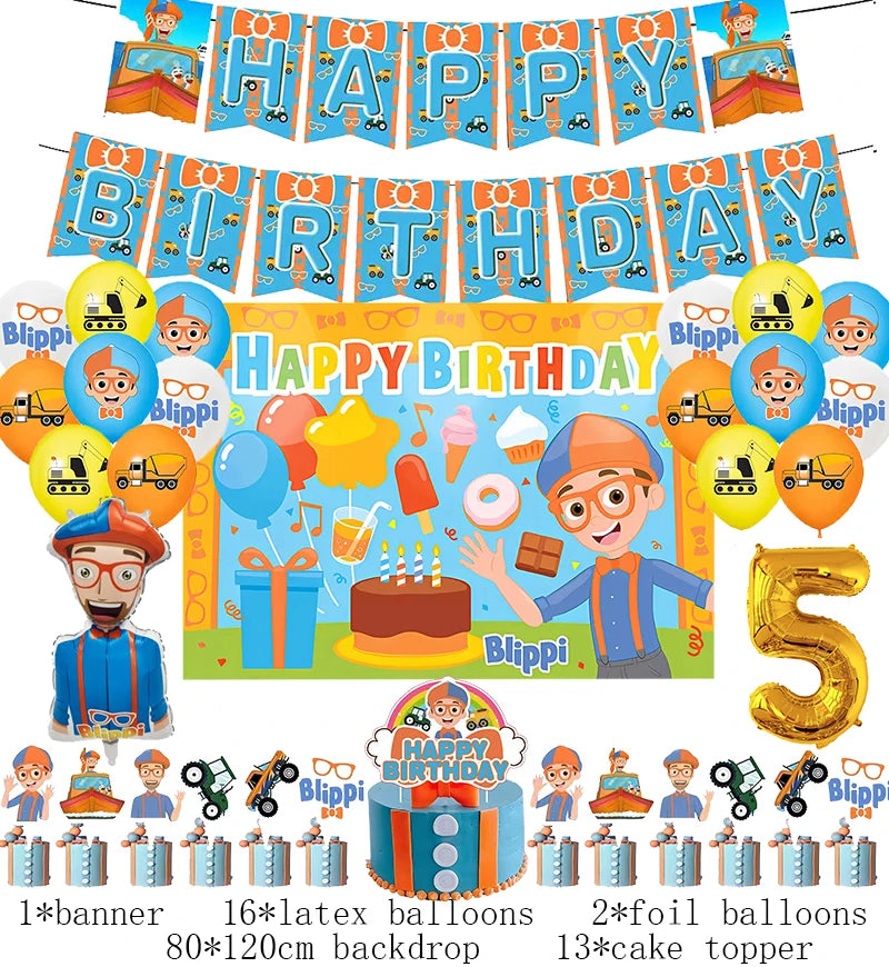 New Blippiing Birthday Party Decoration Foil Balloon Backdrop Banner Cake Topper Baby Birthday Party Supplies Good Vibrations