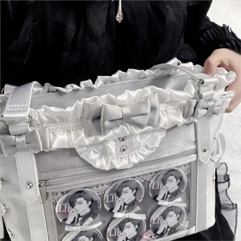 JIAERDI Lolita Cute Bow Shoulder Bag Ladies Harajuku Leather Square Large Capacity Ita Bag Anime Handle Purse Y2K Tote Bag 2025 Good Vibrations