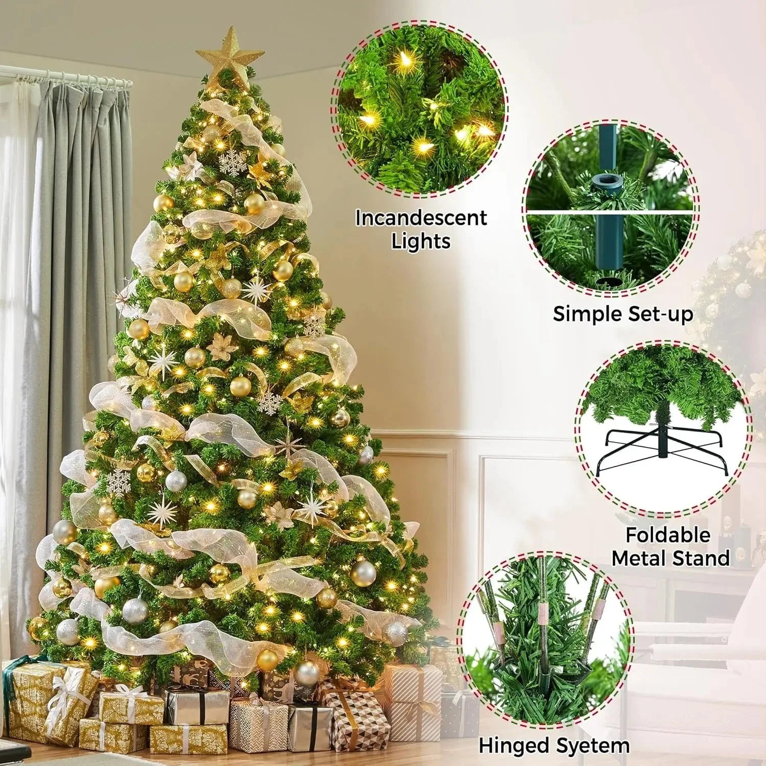 5 to 10ft Artificial Christmas Tree , Snow Flocked Full Prelighted Xmas Tree with 2084 Branch Tips, 900 Incandescent Lights Good Vibrations