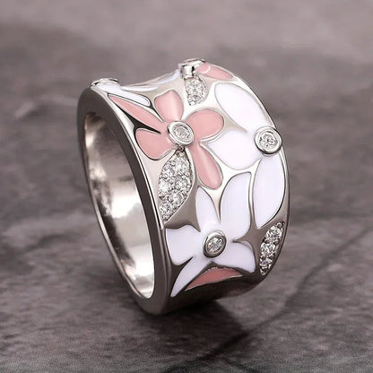 2026 Aesthetic Enamel Flower Finger Ring for Women Wedding Party New 2026  Silver Color Luxury Cubic Zirconia Jewelry Gift Good Vibrations