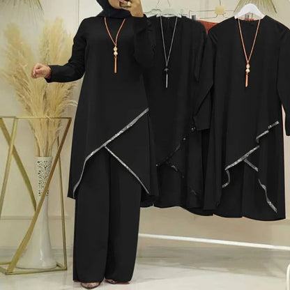 Women Eid Musulman Ensemble Muslim Sets Solid Blouses Wide Leg Pants Ramadan Morocco Two Pieces Dubai Kaftan Loose Modest Good Vibrations