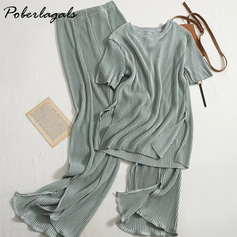 Two-piece Set Casual Pants Suit Female 2026 Summer New Temperament O Neck T-shirt  + High Waist Slit Wide Leg Pants Womens Good Vibrations