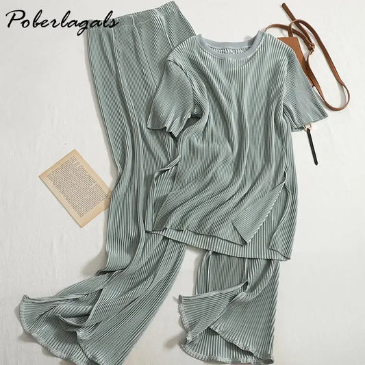 Two-piece Set Casual Pants Suit Female 2026 Summer New Temperament O Neck T-shirt  + High Waist Slit Wide Leg Pants Womens Good Vibrations