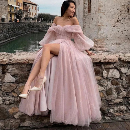 Bafftafe Customized Pink Shiny Tulle Prom Dresses Off Shoulder Long Puff Sleeve Evening Party Gowns Slit Women Wedding Dress Good Vibrations