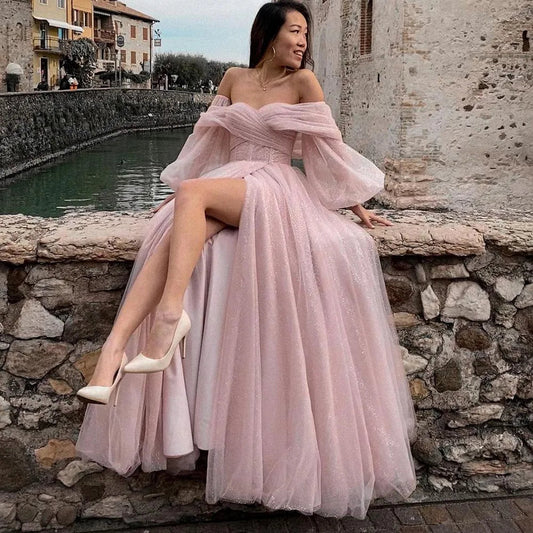 Bafftafe Customized Pink Shiny Tulle Prom Dresses Off Shoulder Long Puff Sleeve Evening Party Gowns Slit Women Wedding Dress Good Vibrations