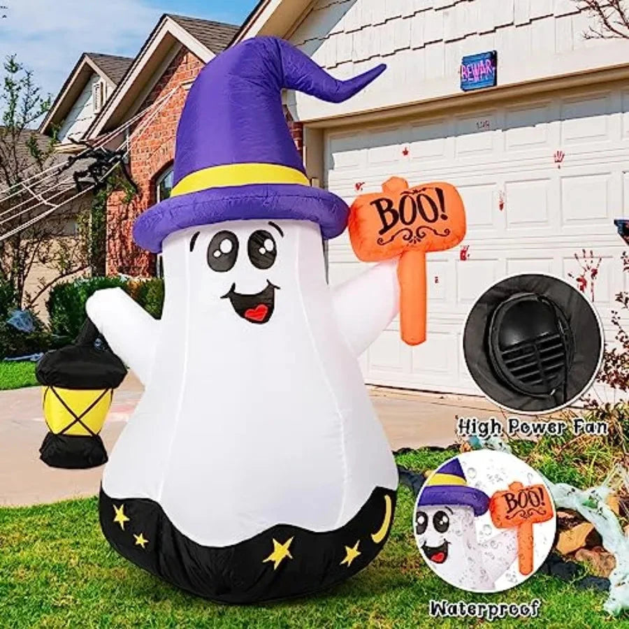 5 FT Halloween Inflatables Ghost Outdoor Decorations Blow Up Yard Cute Wizard Ghost with HandHeld Light and Builtin LEDs for Ga Good Vibrations