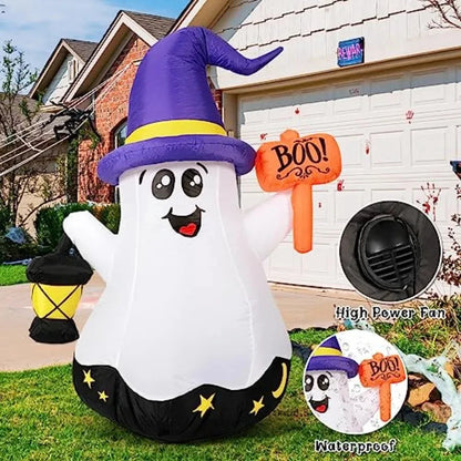 5 FT Halloween Inflatables Ghost Outdoor Decorations Blow Up Yard Cute Wizard Ghost with HandHeld Light and Builtin LEDs for Ga Good Vibrations