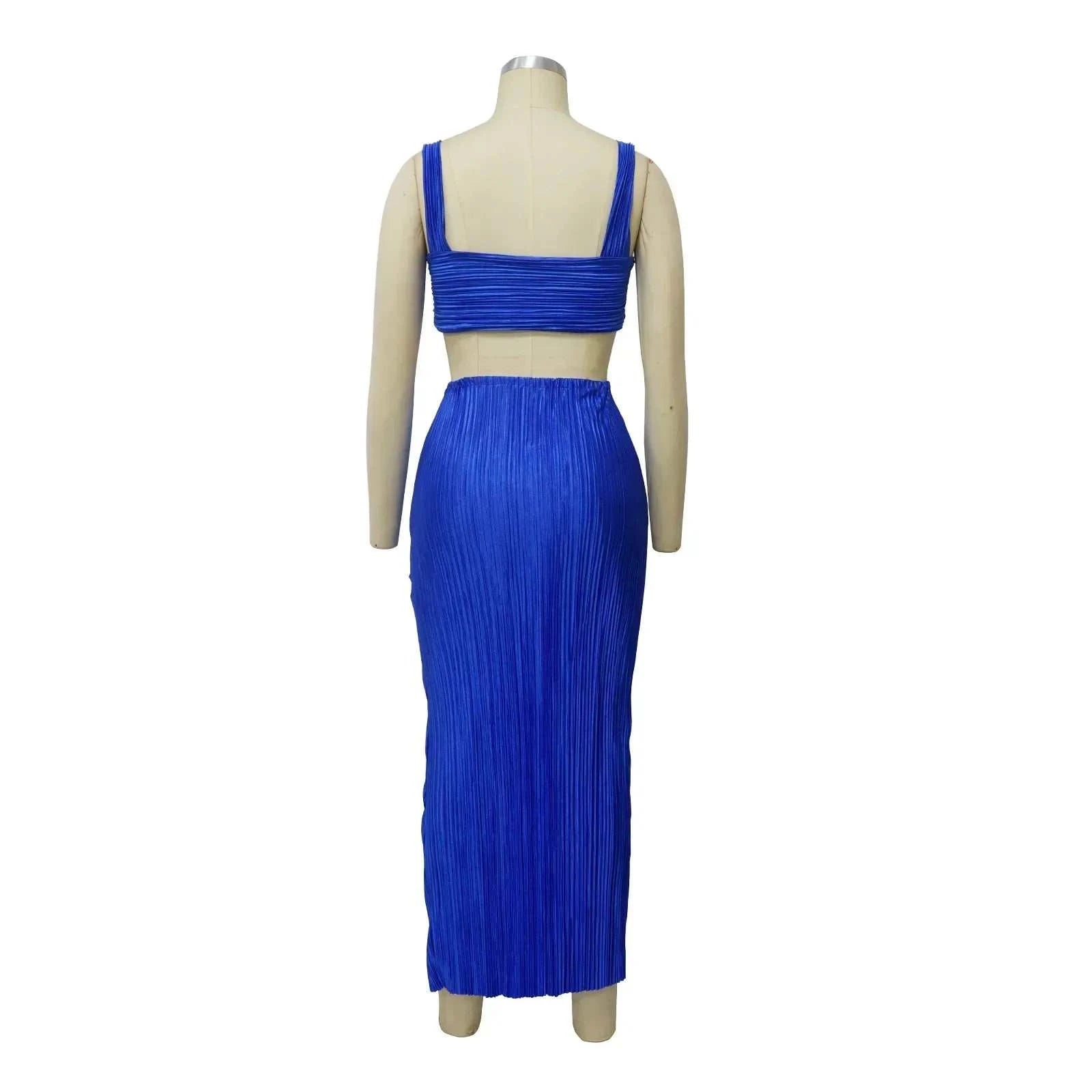 Sexy backless halter top with high waist side slit pleated skirt in blue, beach style summer dress for women.
