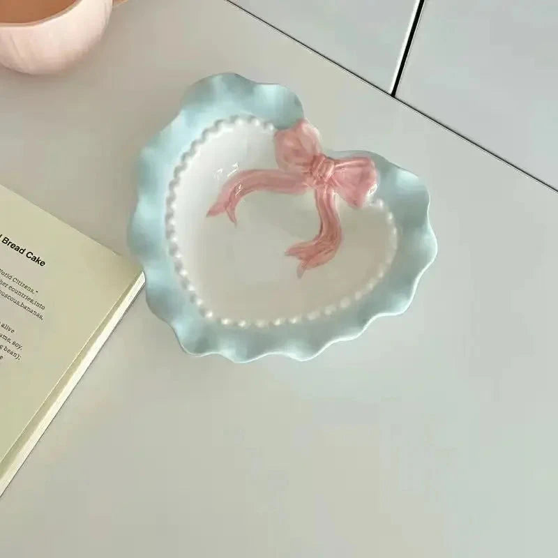 INS Wind Bowl Plate Cute Wave Edge Bow Knot Love Wave Dot Ceramic Lace Tableware Girl Heart Home Rice Bowl Plate Dessert Plate Good Vibrations