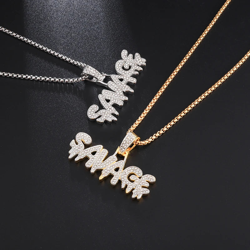 Hip Hop Ice Out Square Crystal S-A-V-A-G-E Letter Pendant Necklace for Men and Women Street One Last Party Trendy Jewelry Gift Good Vibrations
