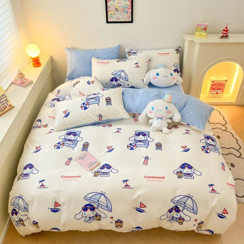 Sanrio 100% Cotton Bedding Set Cute Hello Kitty Kuromi Melody King Queen Pillowcase Bed Linens Girl Dorm Bedclothes Home Textile Good Vibrations
