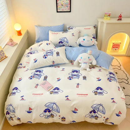 Sanrio 100% Cotton Bedding Set Cute Hello Kitty Kuromi Melody King Queen Pillowcase Bed Linens Girl Dorm Bedclothes Home Textile Good Vibrations