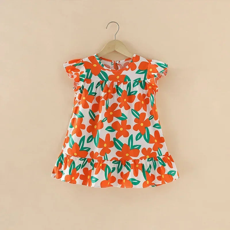 Girl Dresses100% Cotton Children's Clothing Summer Kids Clothes Girls Party Princess Fashion Outfit Flower Pattern Beach Dresses Good Vibrations