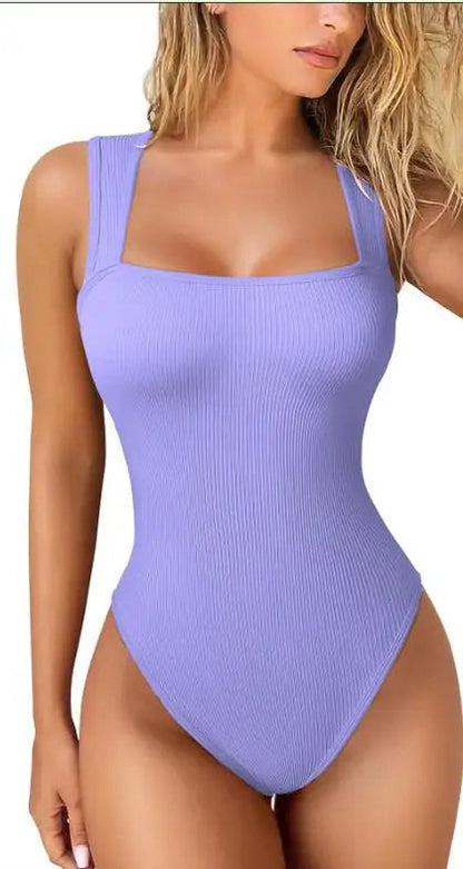 Women Sleeveless Knit Bodysuit Summer Sexy Bodycon Off Shoulder Jumpsuits Casual Bodice Stretchy Street Style Short Jumpsuits Good Vibrations