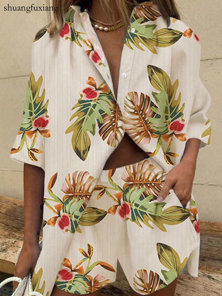 Two Piece Sets Womens Outfits Summer Casual Loose Print Two Piece Sets Fall Boho Beach Holiday Half Sleeve Shirt And Shorts Sets Good Vibrations