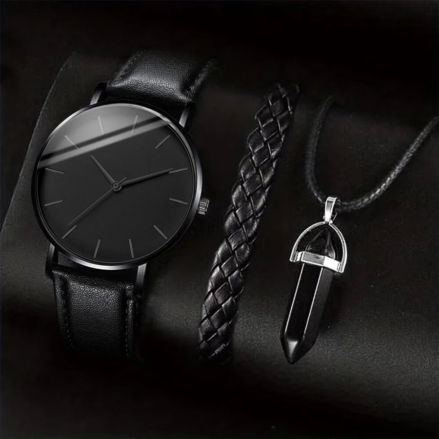 3PCS/Set Men Business Watches Casual Leather Band Analog Male's Quartz Watch Necklace Bracelet Set Good Vibrations