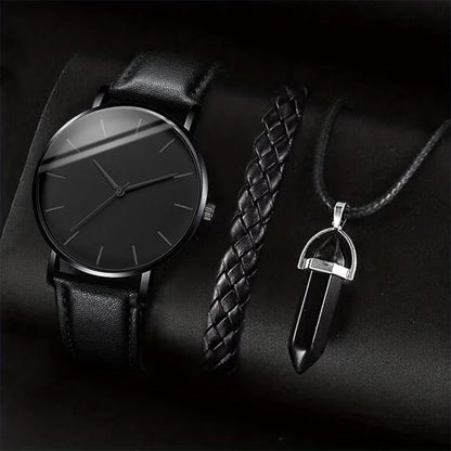 3PCS/Set Men Business Watches Casual Leather Band Analog Male's Quartz Watch Necklace Bracelet Set Good Vibrations