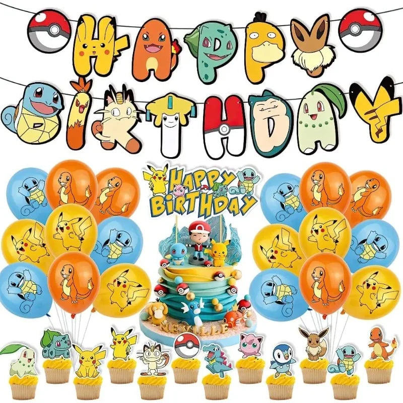 Cute Pokemon Birthday Party Decoration Sets Lightning Pikachu Balloon Kids Event Supplies Disposable Tableware Banner Backdrop Good Vibrations