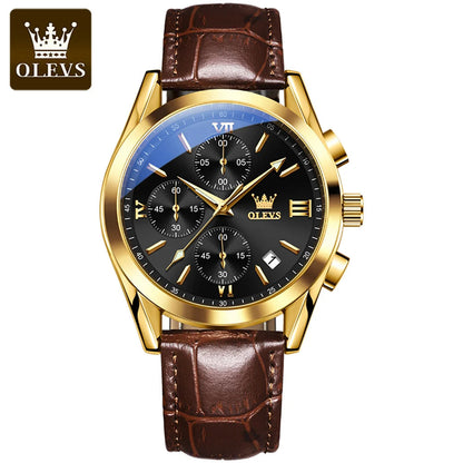 OLEVS 2872 Chronograph Men's Wristwatches Leather Strap Waterproof Luminous Original Quartz Watch for Men Luxury Sport Man Watch Good Vibrations