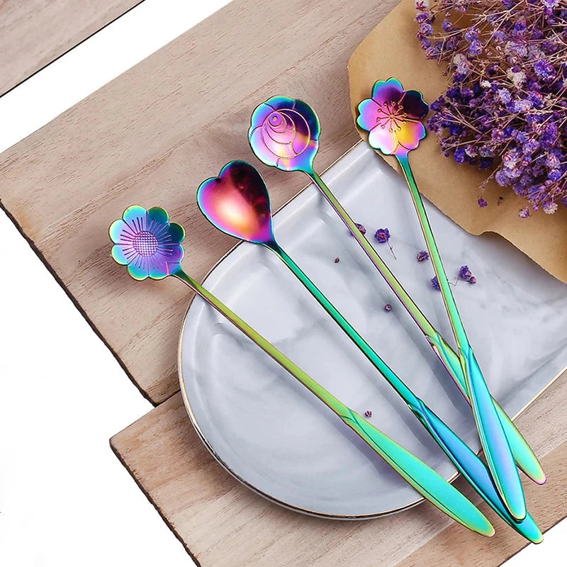 4Pcs Flower Spoon Set Small Teaspoon Coffee Spoon Cute Ice Cream Dessert Spoon Silver Gold Stainless Steel Tableware Accessories Good Vibrations