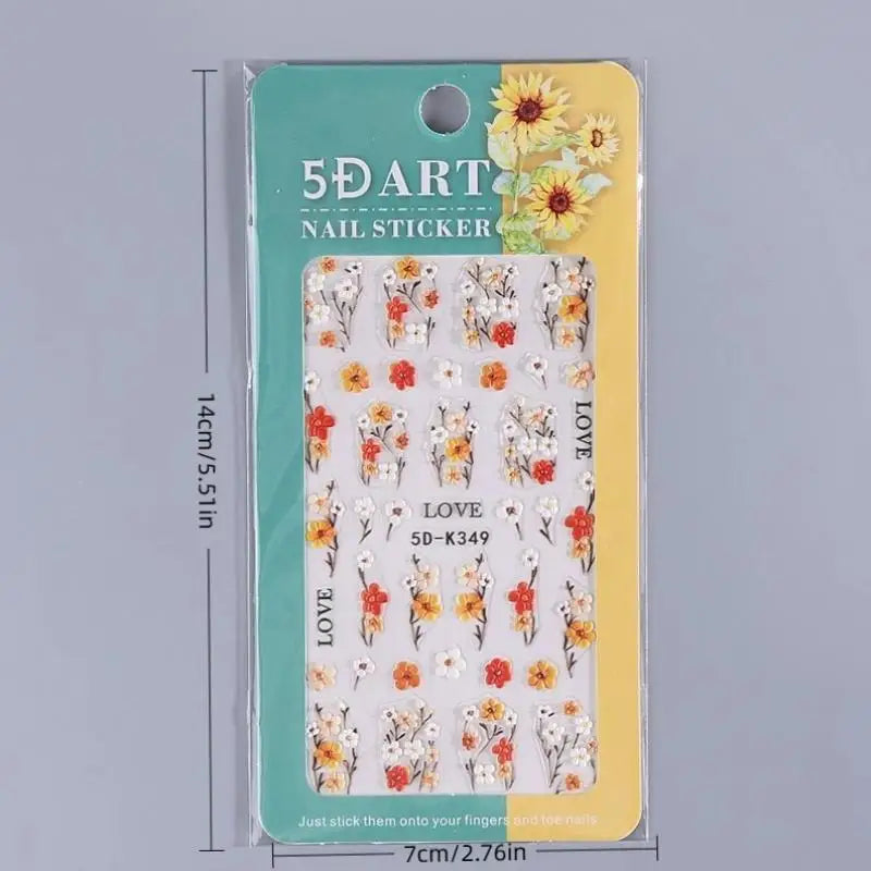 ★★★Colorful 5D Flower Embossed Nail Stickers Fresh Floral Designs Five-Petal Flower Self-Adhesive DIY Nail Art Decals Good Vibrations