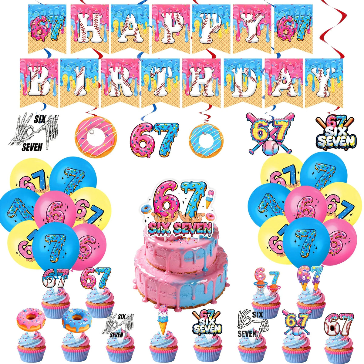 6 7 Birthday Decorations 67 Meme Themed Baseball Ice Cream Donut Banner Cake Topper Balloons for Baby Shower Party Supplies Good Vibrations