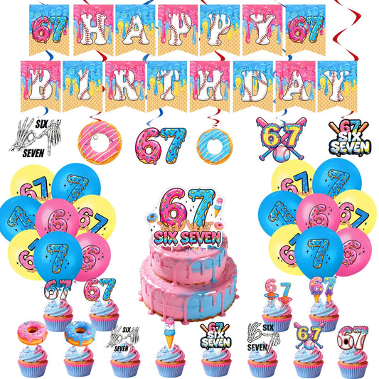 6 7 Birthday Decorations 67 Meme Themed Baseball Ice Cream Donut Banner Cake Topper Balloons for Baby Shower Party Supplies Good Vibrations