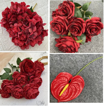 Wedding Decor Rose red wine red artificial rose flower row road guide Hydrangea flower silk flower dropshipping