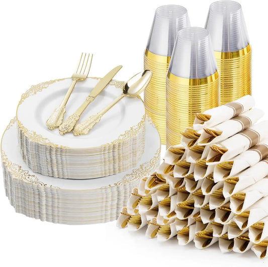 350PCS Gold Plastic Plates for 50 Guests, Disposable Dinnerware Sets Include 100 Gold Rim Plastic Plates, 50 Silverwares Good Vibrations