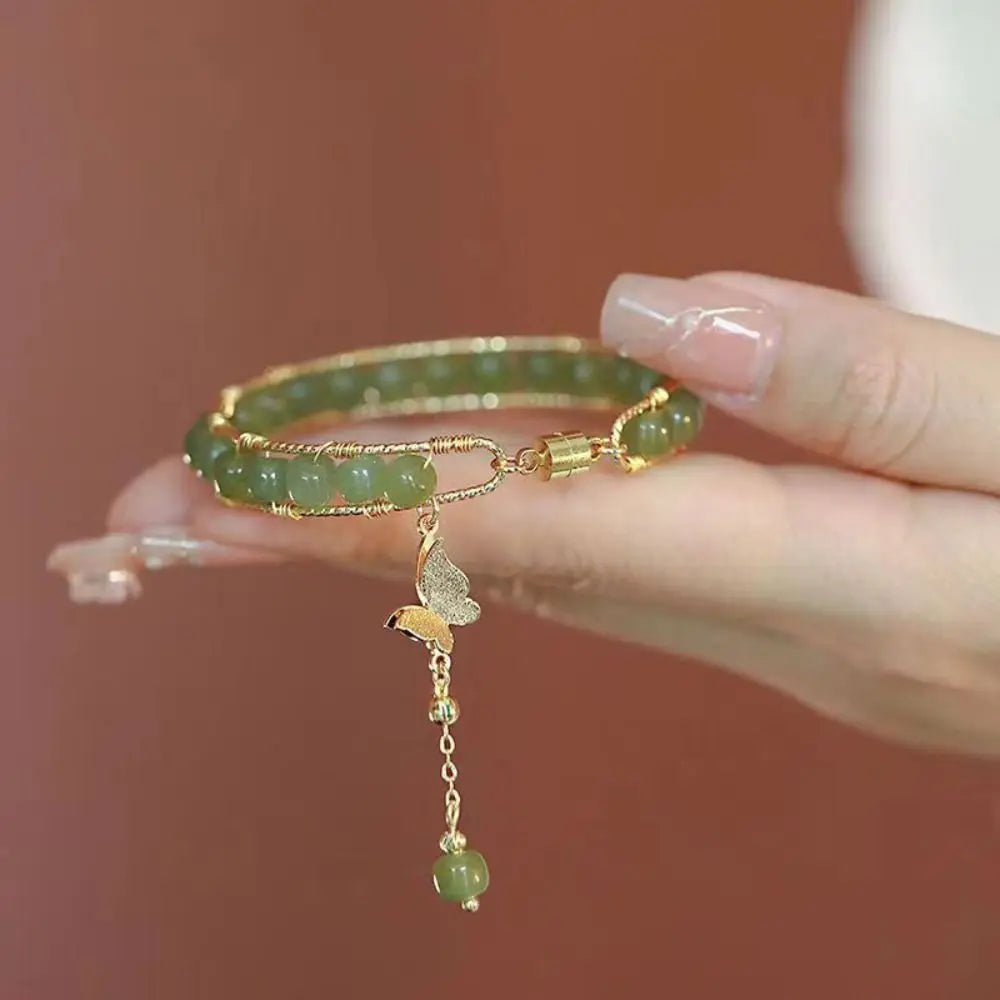 Round Jade Beaded Bracelet For Women Magnetic Bangle Butterfly Pendant Hand Chain Girls Exquisite Emerald Jewelry Birthday Gift Good Vibrations