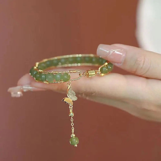 Round Jade Beaded Bracelet For Women Magnetic Bangle Butterfly Pendant Hand Chain Girls Exquisite Emerald Jewelry Birthday Gift Good Vibrations