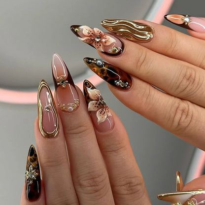24Pcs False Nails Spicy Girl Silver Bow with Diamond Fake Nails with Glue Almond Press on Nails Black Cool Y2k Almond Nail Set Good Vibrations