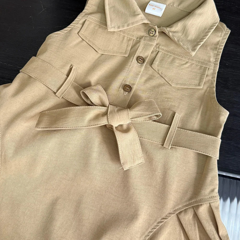 Korean Version Khaki Girls Casual Dresses Sleeveless Flip Collar Workwear Kids Dress Summer New Solid Color Children's Clothing Good Vibrations