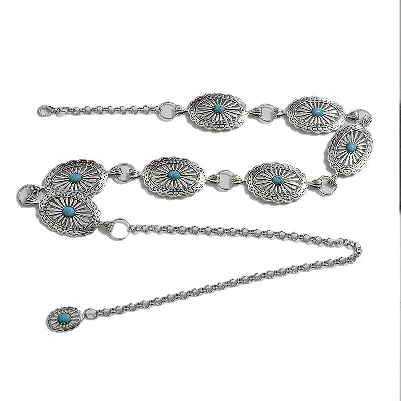 Retro New Women's Belt Casual Retro Oval Texture Buckle Decoration Metal Chain Waist Chain Good Vibrations